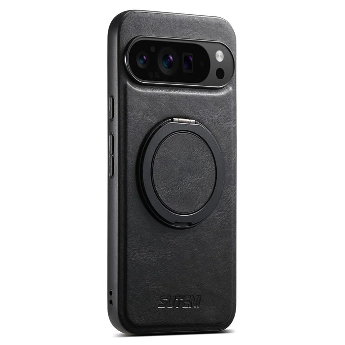 SUTENI G3 For Google Pixel 9 / 9 Pro Magnetic Case Waxy Texture Rotating Kickstand Leather Phone Back Cover - Black - 7