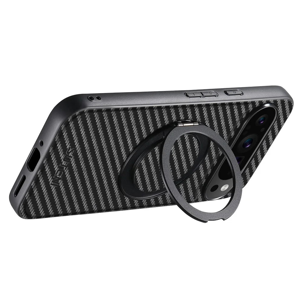SUTENI G3 For Google Pixel 9 / 9 Pro Magnetic Case Rotating Kickstand Carbon Fiber Texture Leather Phone Back Cover - 2