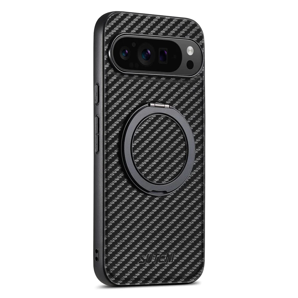 SUTENI G3 For Google Pixel 9 / 9 Pro Magnetic Case Rotating Kickstand Carbon Fiber Texture Leather Phone Back Cover - 6