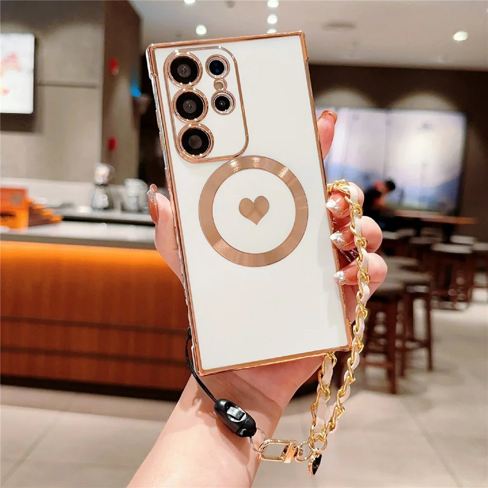 For Samsung Galaxy S25 Ultra Magnetic Case Love Heart Electroplated Soft TPU Cover with Hand Strap Chain - Ivory White - 1