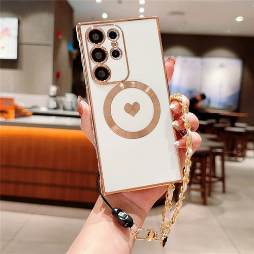 For Samsung Galaxy S25 Ultra Magnetic Case Love Heart Electroplated Soft TPU Cover with Hand Strap Chain - Ivory White - 1