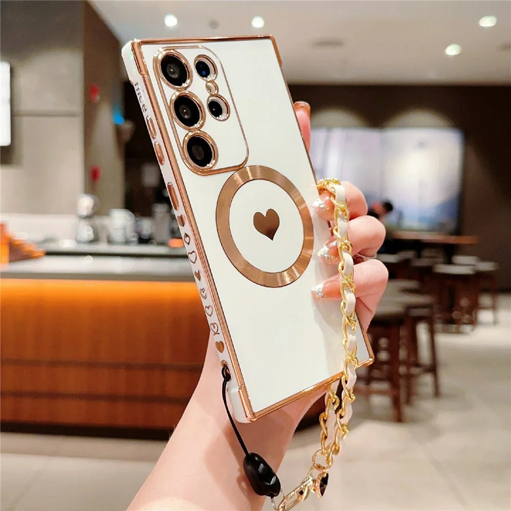 For Samsung Galaxy S25 Ultra Magnetic Case Love Heart Electroplated Soft TPU Cover with Hand Strap Chain - Ivory White - 2