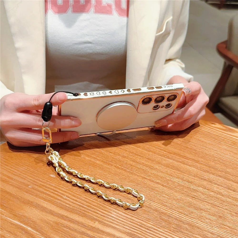 For Samsung Galaxy S25 Ultra Magnetic Case Love Heart Electroplated Soft TPU Cover with Hand Strap Chain - Ivory White - 3