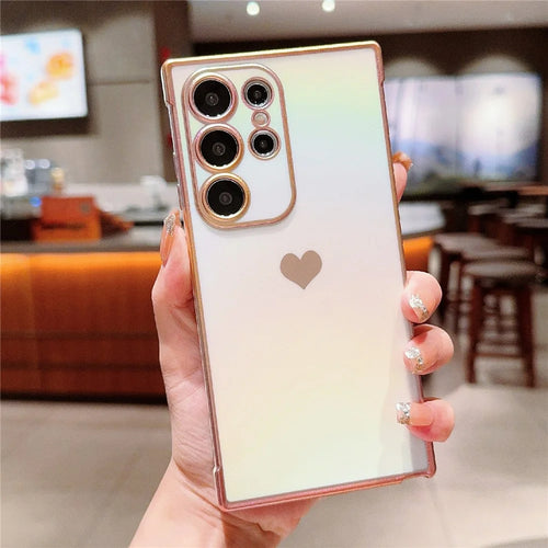 For Samsung Galaxy S25 Ultra Case Dazzling Design Electroplating Heart Pattern TPU Phone Cover - White - 1