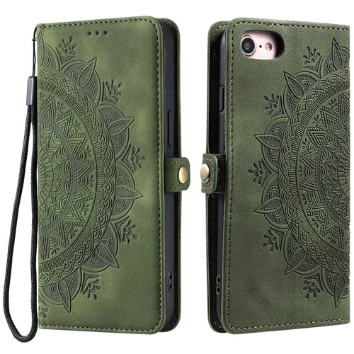 Style 016 For iPhone 17e / 16e Case Skin Feel Totem Imprinted Wallet Leather Phone Cover - Blackish Green - 1