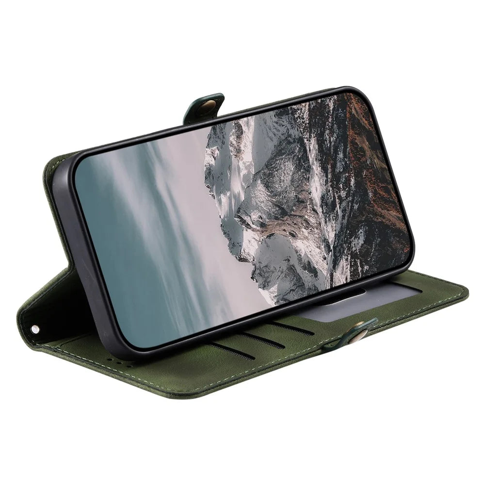 Style 016 For iPhone 17e / 16e Case Skin Feel Totem Imprinted Wallet Leather Phone Cover - Blackish Green - 3