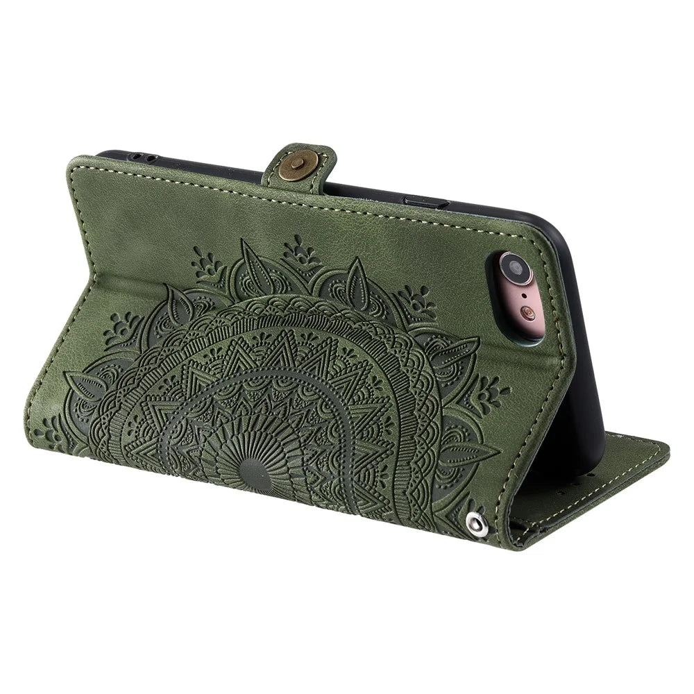 Style 016 For iPhone 17e / 16e Case Skin Feel Totem Imprinted Wallet Leather Phone Cover - Blackish Green - 4