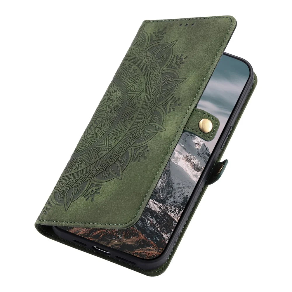 Style 016 For iPhone 17e / 16e Case Skin Feel Totem Imprinted Wallet Leather Phone Cover - Blackish Green - 5