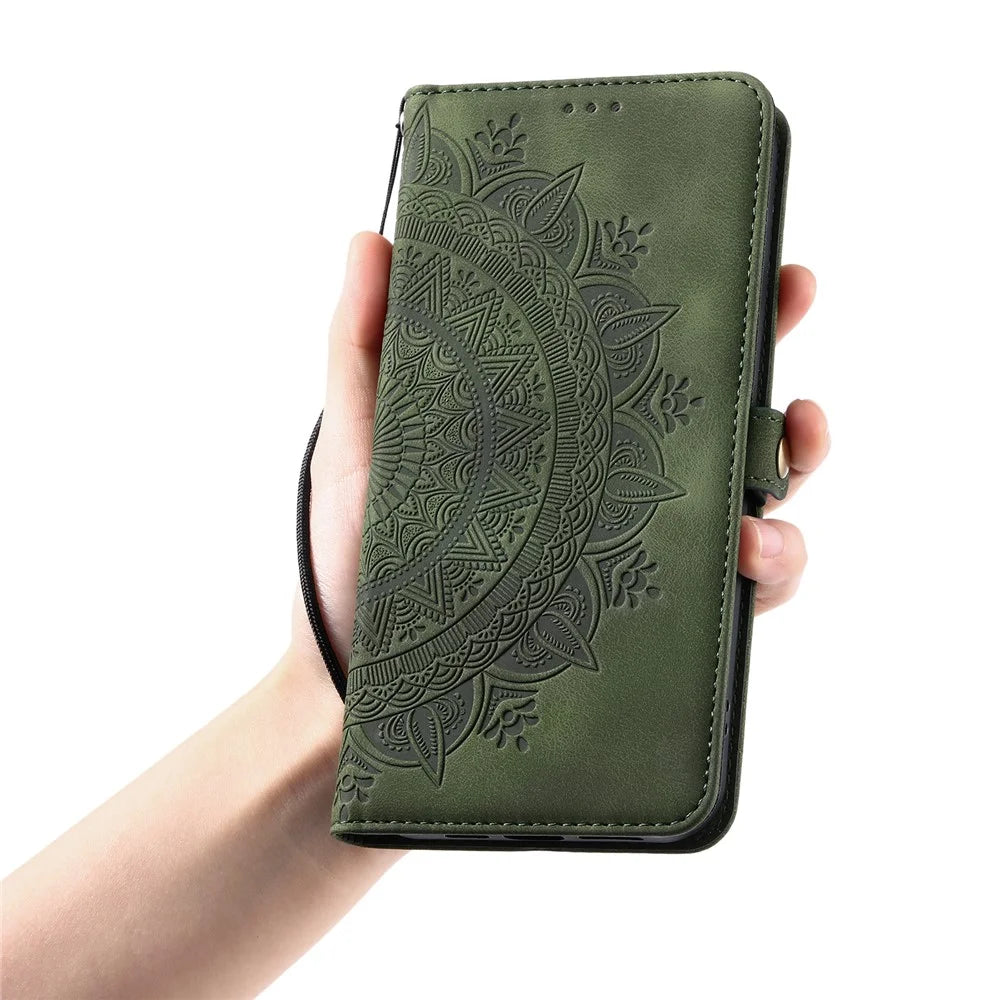 Style 016 For iPhone 17e / 16e Case Skin Feel Totem Imprinted Wallet Leather Phone Cover - Blackish Green - 7