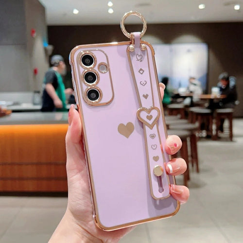For Samsung Galaxy A16 5G / A16 4G Case Wristband Kickstand Love Heart TPU Phone Cover Finger Holder - Purple - 1