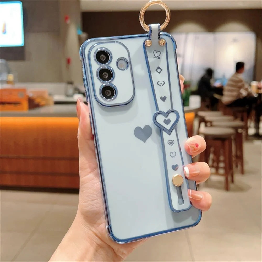 For Samsung Galaxy A36 5G Case Wristband Kickstand Love Heart TPU Phone Cover Finger Holder - Blue - 1