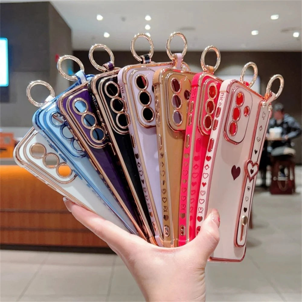 For Samsung Galaxy A36 5G Case Wristband Kickstand Love Heart TPU Phone Cover Finger Holder - Blue - 5