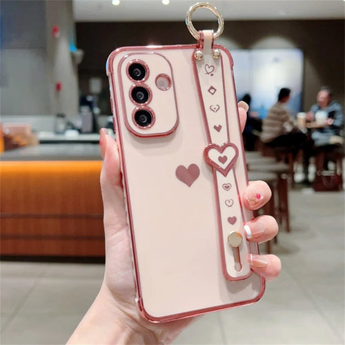 For Samsung Galaxy A56 5G Case Wristband Kickstand Love Heart TPU Phone Cover Finger Holder - Pink - 1