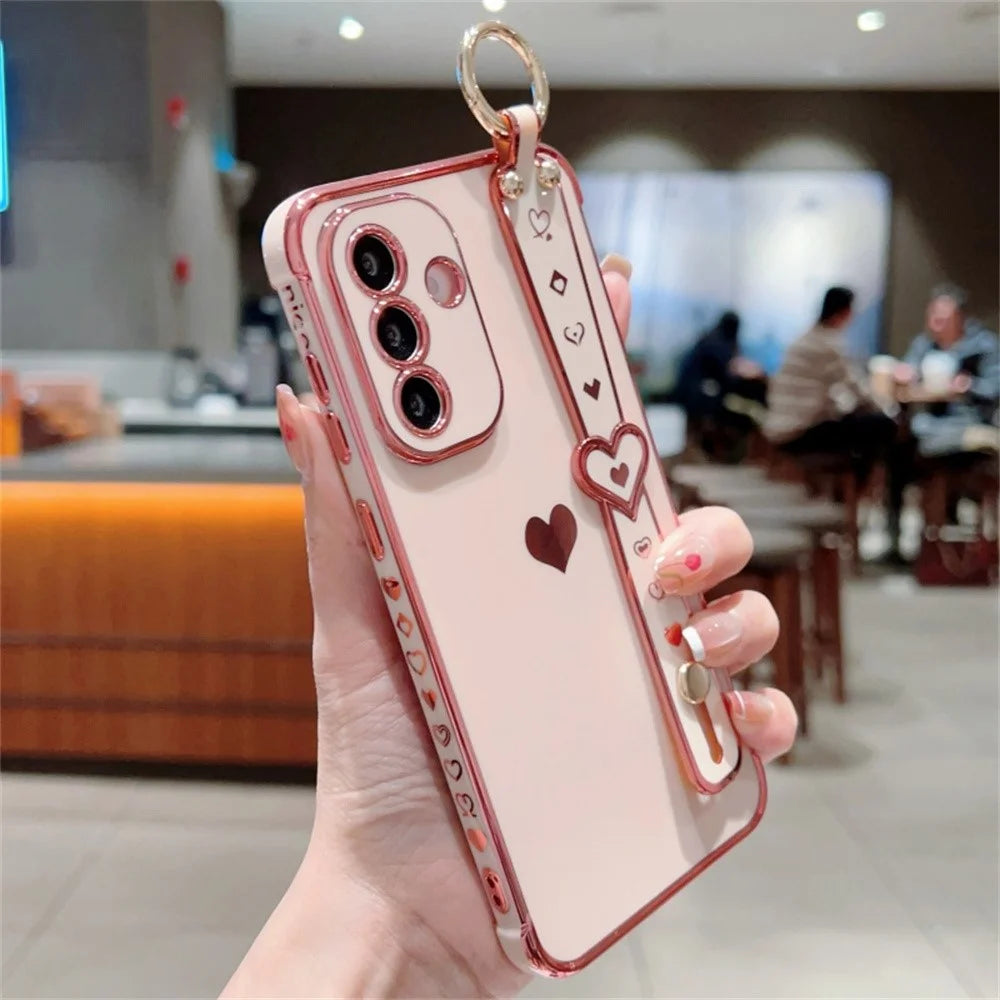 For Samsung Galaxy A56 5G Case Wristband Kickstand Love Heart TPU Phone Cover Finger Holder - Pink - 2