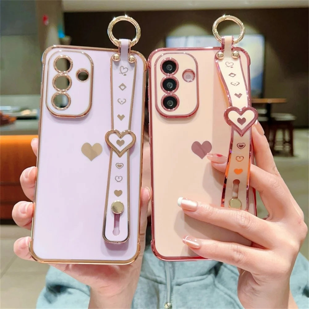 For Samsung Galaxy A56 5G Case Wristband Kickstand Love Heart TPU Phone Cover Finger Holder - Pink - 4