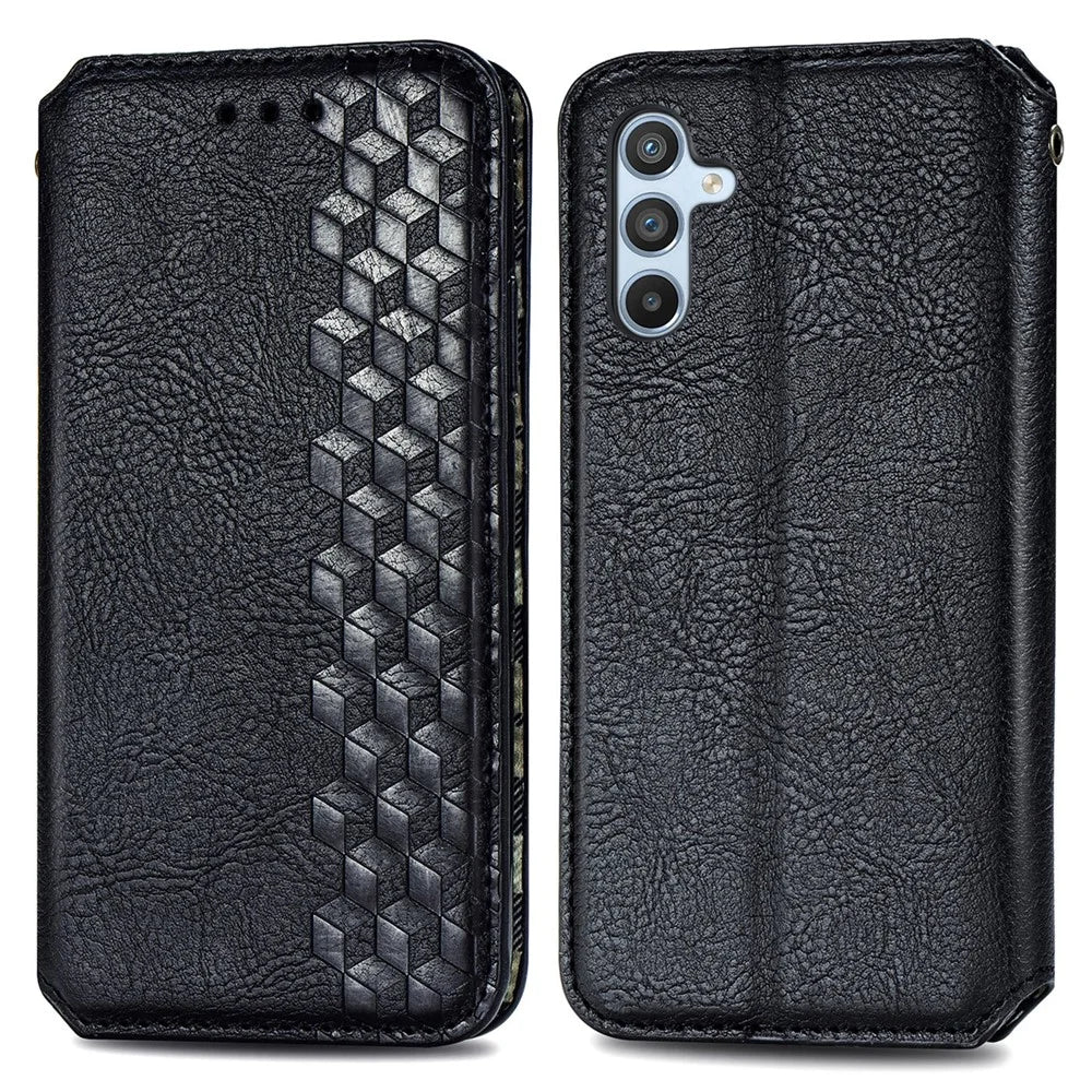 For Samsung Galaxy A56 5G Case Rhombus Imprint Wallet Stand PU Leather Phone Cover - Black - 1