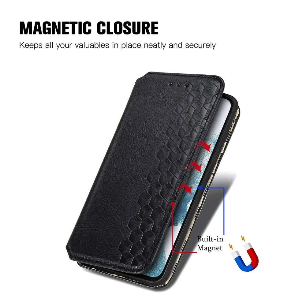 For Samsung Galaxy A56 5G Case Rhombus Imprint Wallet Stand PU Leather Phone Cover - Black - 4