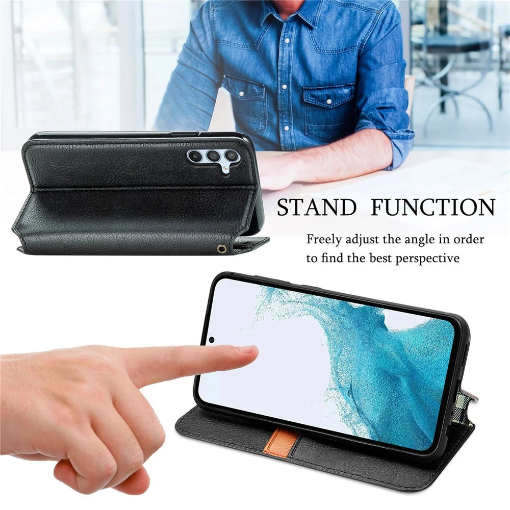 For Samsung Galaxy A56 5G Case Rhombus Imprint Wallet Stand PU Leather Phone Cover - Black - 6