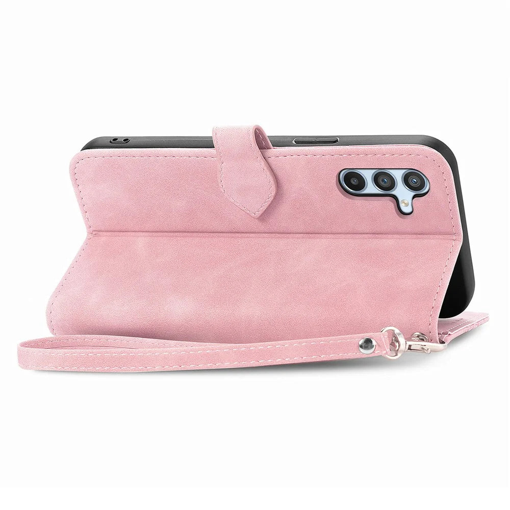 For Samsung Galaxy A56 5G Zipper Wallet Case with Strap Flower Imprint PU Leather Phone Cover - Pink - 4