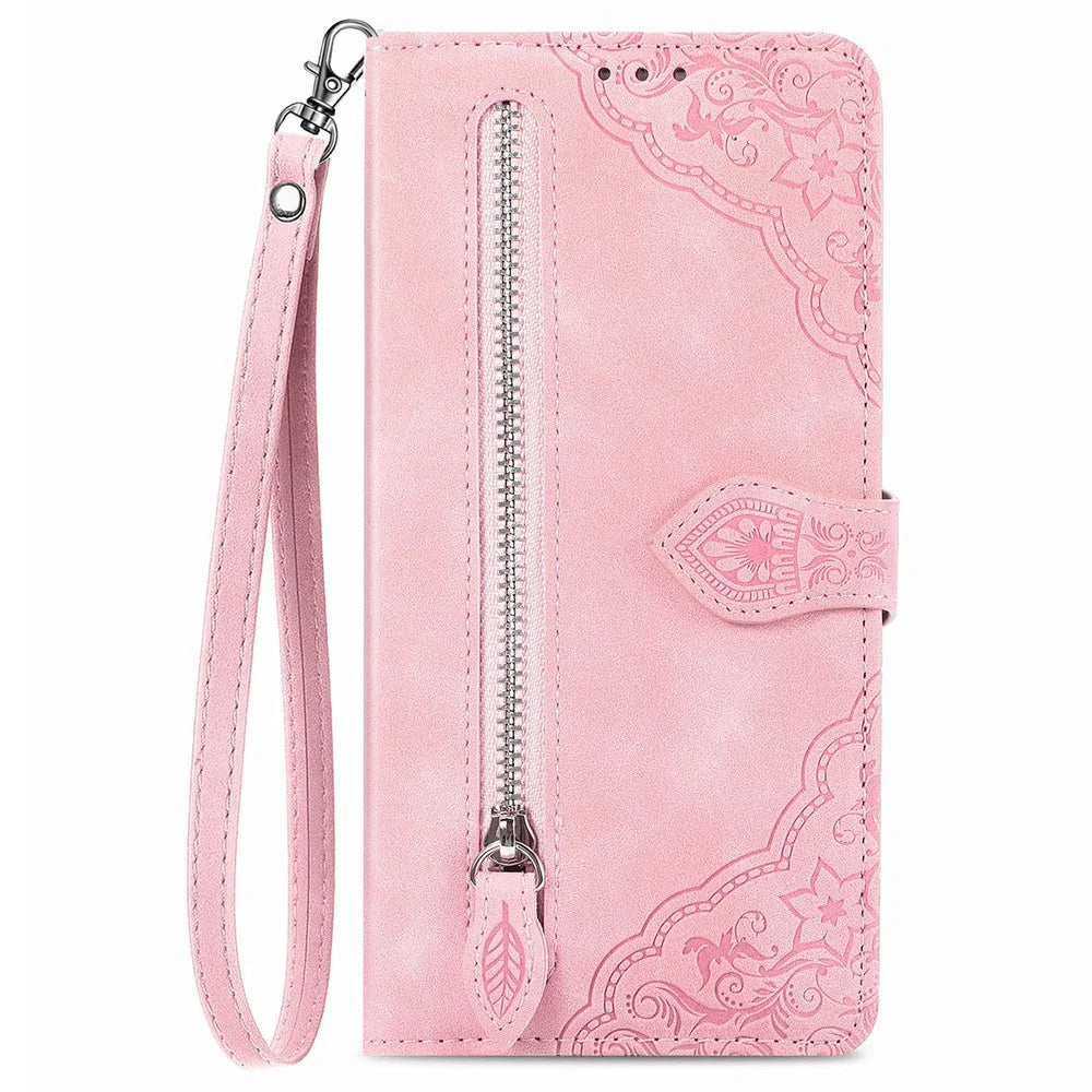 For Samsung Galaxy A56 5G Zipper Wallet Case with Strap Flower Imprint PU Leather Phone Cover - Pink - 6