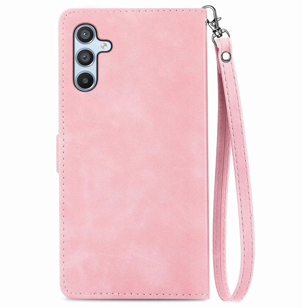 For Samsung Galaxy A56 5G Zipper Wallet Case with Strap Flower Imprint PU Leather Phone Cover - Pink - 7