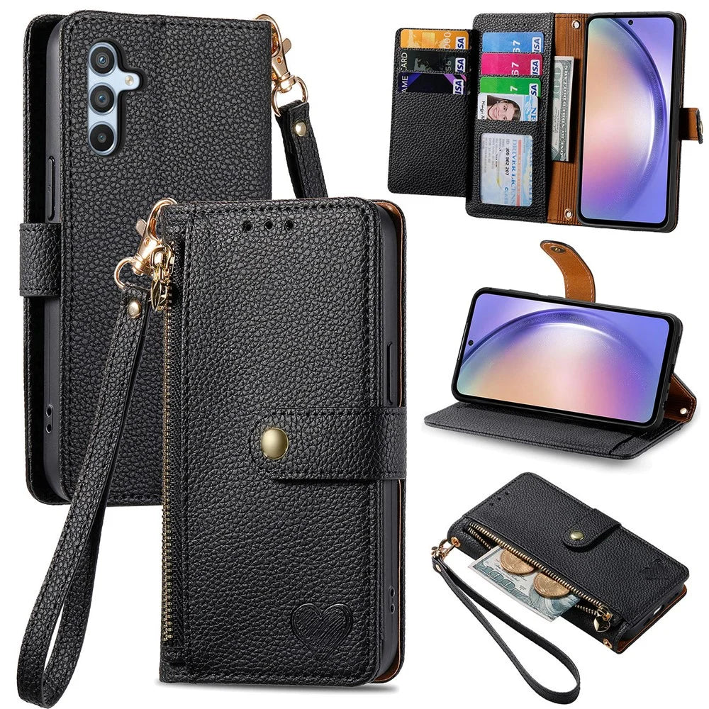 For Samsung Galaxy A56 5G Case RFID Blocking Zipper Pocket Leather Wallet Phone Cover - Black - 1