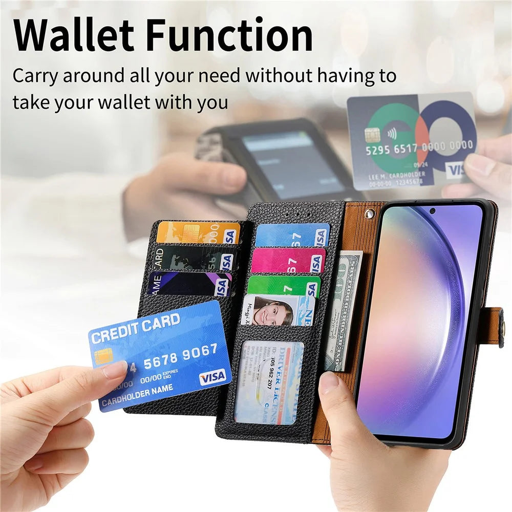 For Samsung Galaxy A56 5G Case RFID Blocking Zipper Pocket Leather Wallet Phone Cover - Black - 7