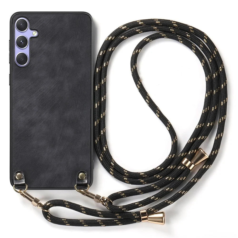 For Samsung Galaxy A36 5G Case Retro Texture Leather Coated PC + TPU Phone Cover with Hanging Rope - Black - 2