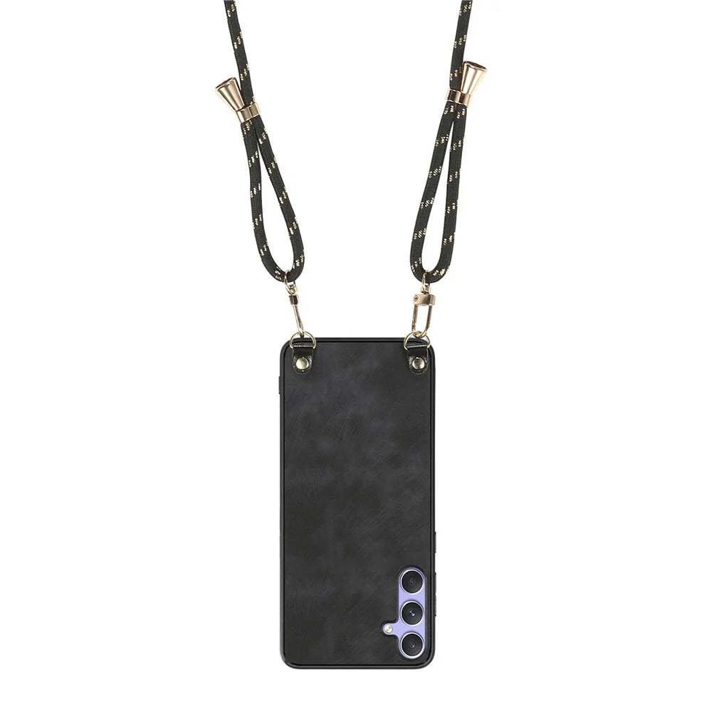 For Samsung Galaxy A36 5G Case Retro Texture Leather Coated PC + TPU Phone Cover with Hanging Rope - Black - 3