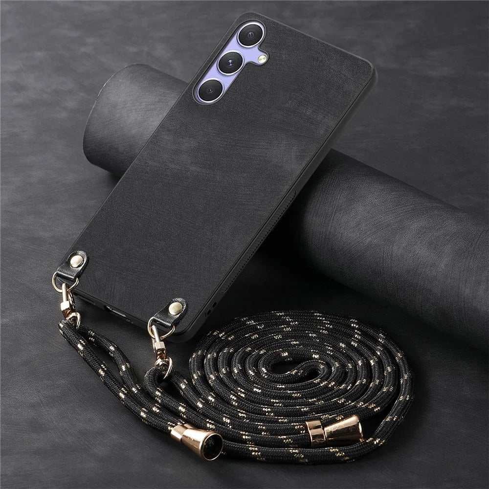 For Samsung Galaxy A36 5G Case Retro Texture Leather Coated PC + TPU Phone Cover with Hanging Rope - Black - 4