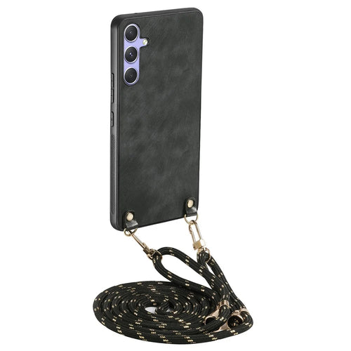 For Samsung Galaxy A56 5G Case Retro Texture Leather Coated PC + TPU Phone Cover with Hanging Rope - Black - 1