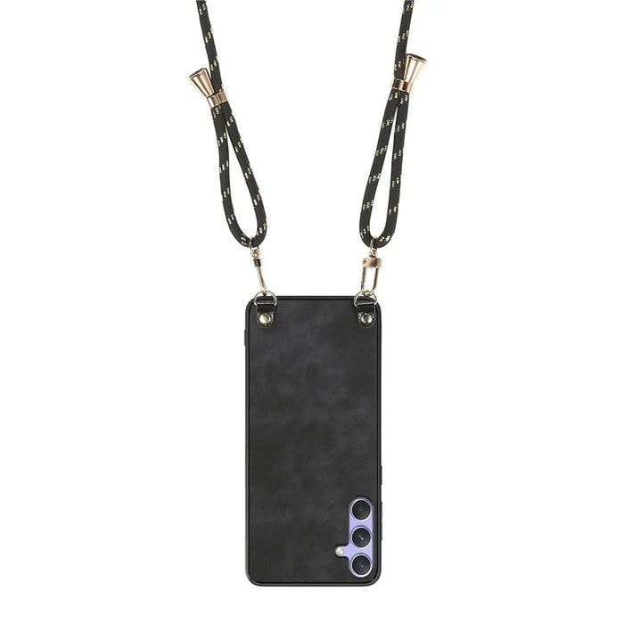 For Samsung Galaxy A56 5G Case Retro Texture Leather Coated PC + TPU Phone Cover with Hanging Rope - Black - 3