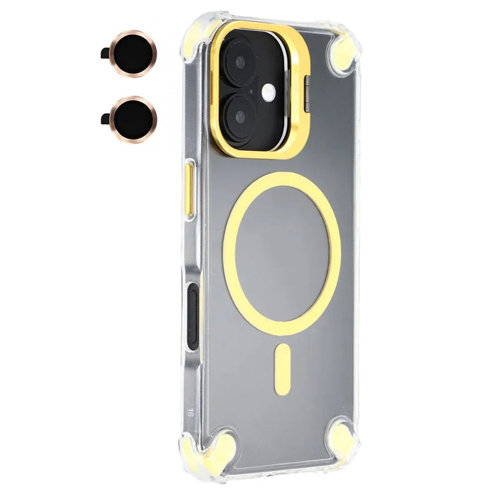 For iPhone 16 Magnetic Clear Case Shockproof Hybrid Phone Shell with Camera Lens Frame Kickstand - Gold - 1