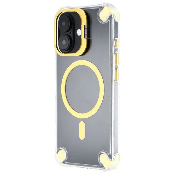 For iPhone 16 Magnetic Clear Case Shockproof Hybrid Phone Shell with Camera Lens Frame Kickstand - Gold - 3