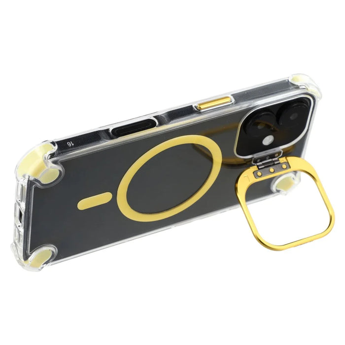 For iPhone 16 Magnetic Clear Case Shockproof Hybrid Phone Shell with Camera Lens Frame Kickstand - Gold - 4