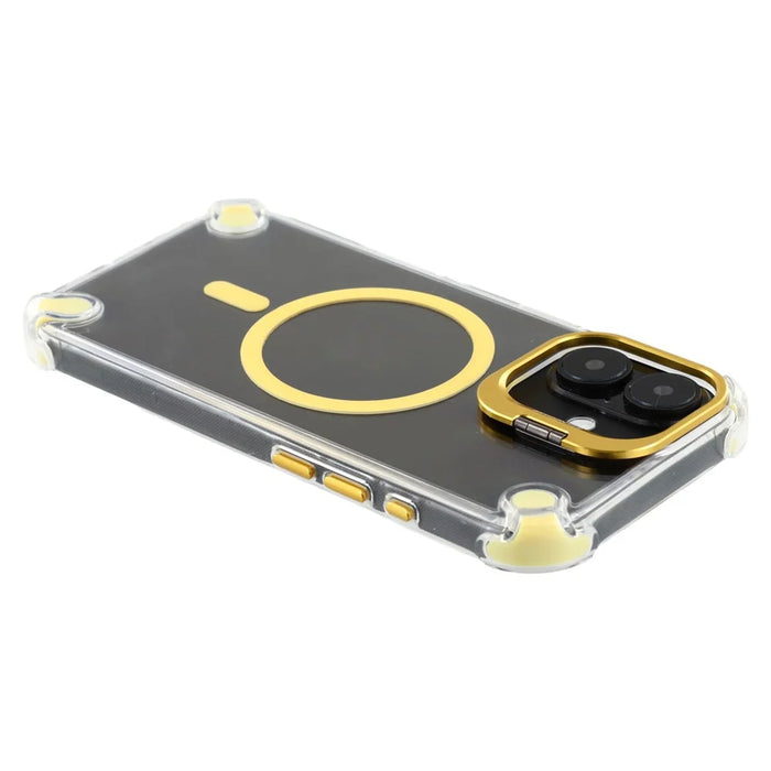 For iPhone 16 Magnetic Clear Case Shockproof Hybrid Phone Shell with Camera Lens Frame Kickstand - Gold - 5