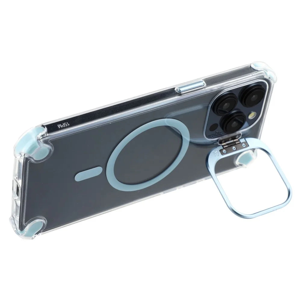 For iPhone 15 Pro Max Magnetic Clear Case Shockproof Hybrid Phone Shell with Camera Lens Frame Kickstand - Baby Blue - 4