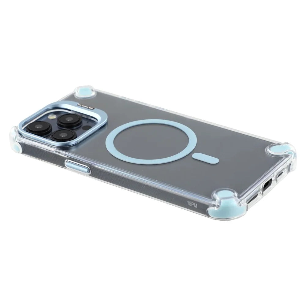For iPhone 15 Pro Max Magnetic Clear Case Shockproof Hybrid Phone Shell with Camera Lens Frame Kickstand - Baby Blue - 6