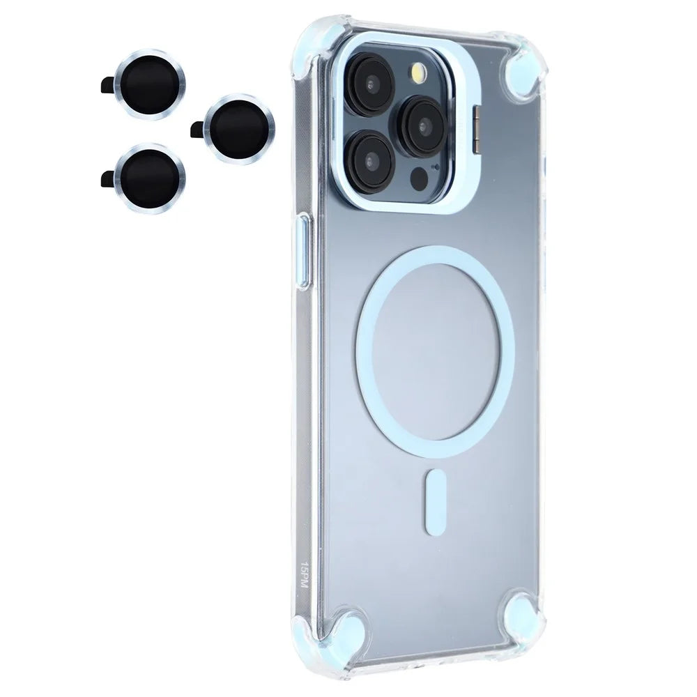 For iPhone 15 Pro Magnetic Clear Case Shockproof Hybrid Phone Shell with Camera Lens Frame Kickstand - Baby Blue - 1