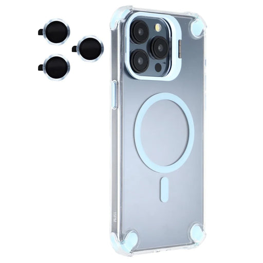For iPhone 15 Pro Magnetic Clear Case Shockproof Hybrid Phone Shell with Camera Lens Frame Kickstand - Baby Blue - 1