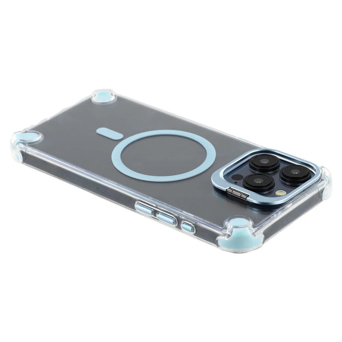 For iPhone 15 Pro Magnetic Clear Case Shockproof Hybrid Phone Shell with Camera Lens Frame Kickstand - Baby Blue - 5