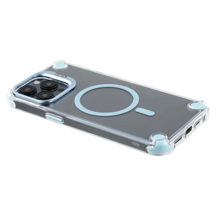 For iPhone 15 Pro Magnetic Clear Case Shockproof Hybrid Phone Shell with Camera Lens Frame Kickstand - Baby Blue - 6