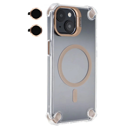 For iPhone 15 Magnetic Clear Case Shockproof Hybrid Phone Shell with Camera Lens Frame Kickstand - Brown - 1