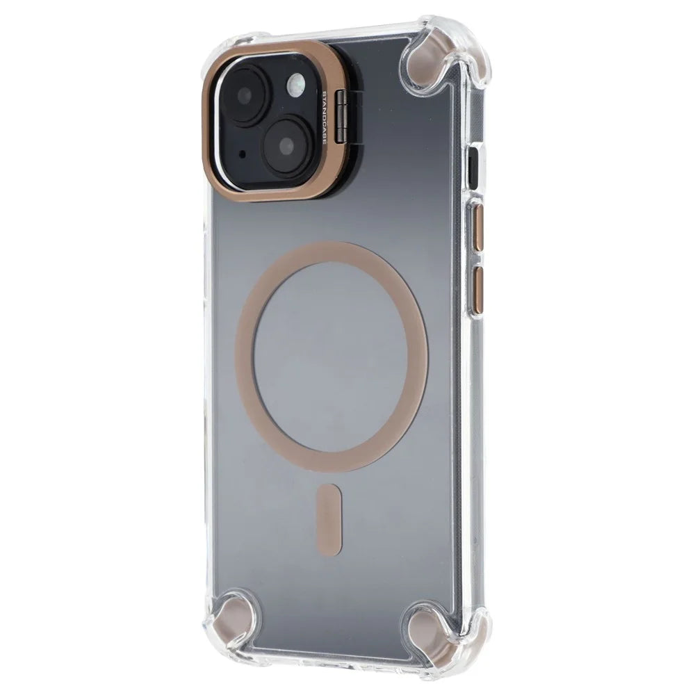 For iPhone 15 Magnetic Clear Case Shockproof Hybrid Phone Shell with Camera Lens Frame Kickstand - Brown - 3