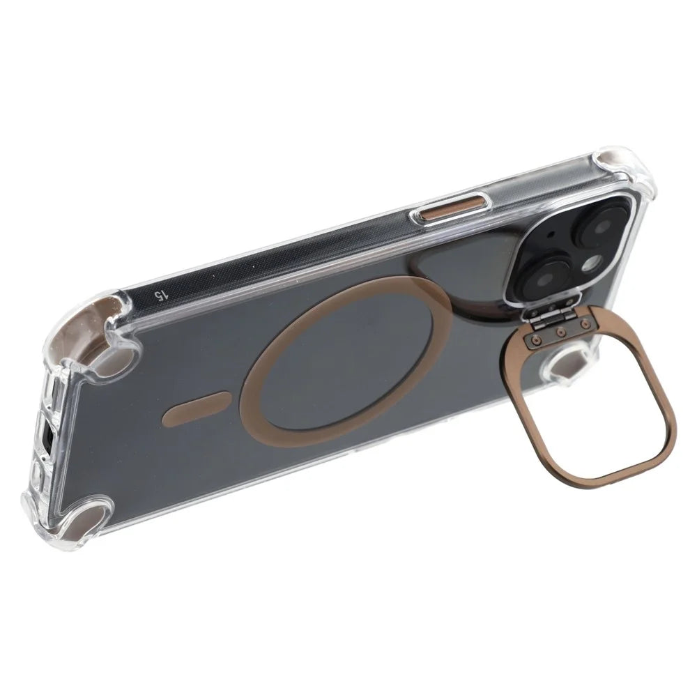 For iPhone 15 Magnetic Clear Case Shockproof Hybrid Phone Shell with Camera Lens Frame Kickstand - Brown - 4