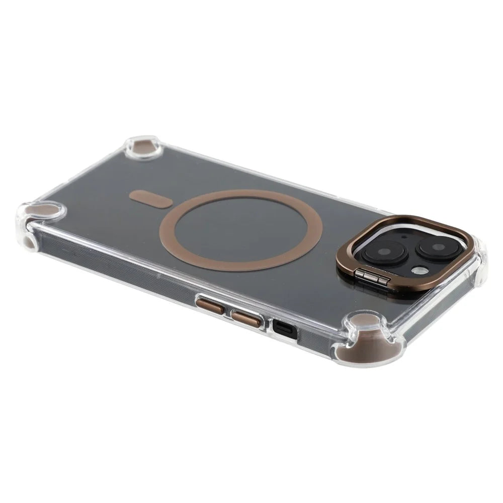 For iPhone 15 Magnetic Clear Case Shockproof Hybrid Phone Shell with Camera Lens Frame Kickstand - Brown - 5