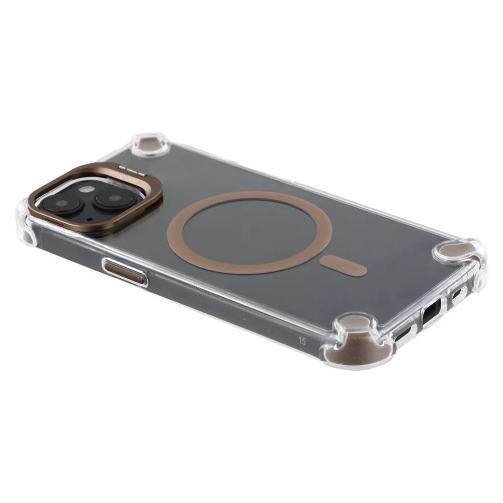 For iPhone 15 Magnetic Clear Case Shockproof Hybrid Phone Shell with Camera Lens Frame Kickstand - Brown - 6