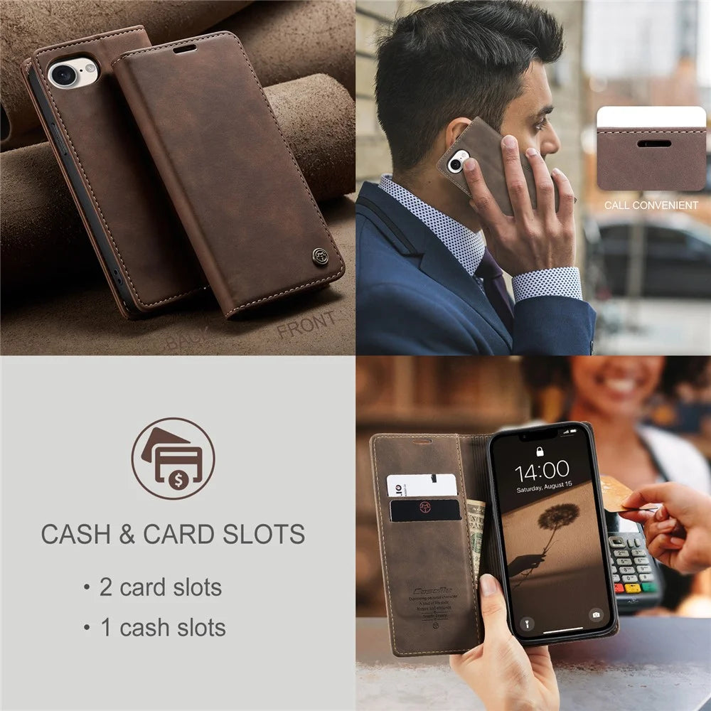 CASEME For iPhone 17e / 16e Wallet Case  013 Series PU Leather Phone Cover Stand - Coffee - 6