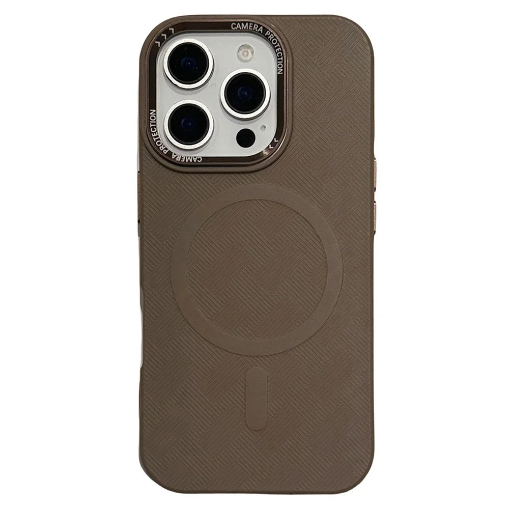For iPhone 16 Pro Case Compatible with MagSafe Metal Lens Frame Anti Drop TPU Phone Cover - Coffee - 1