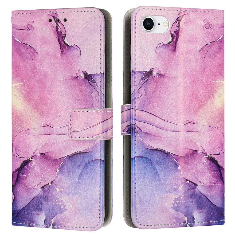 For iPhone 17e / 16e Stand Case Marble Pattern PU Leather Wallet Phone Cover - Purple - 1